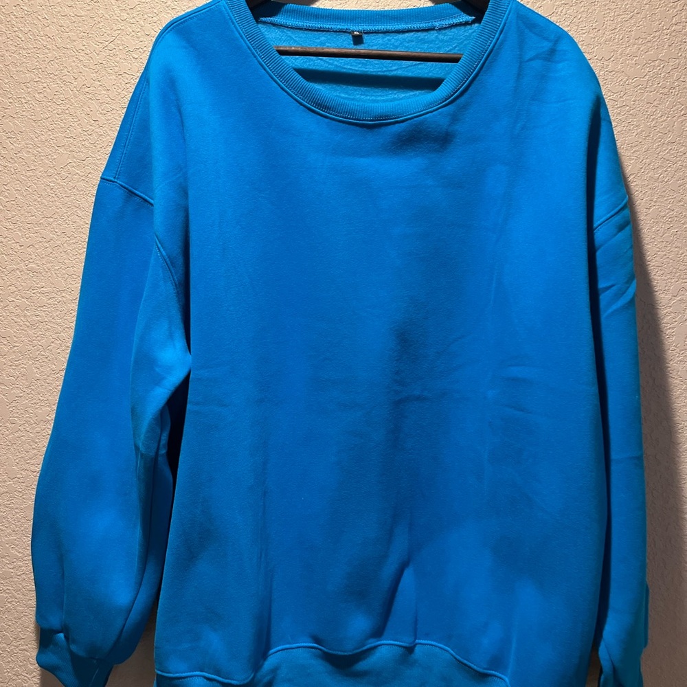 Women's Blue Oversized Long Sleeve Round Crew Neck Sweatshirt with Pockets XL